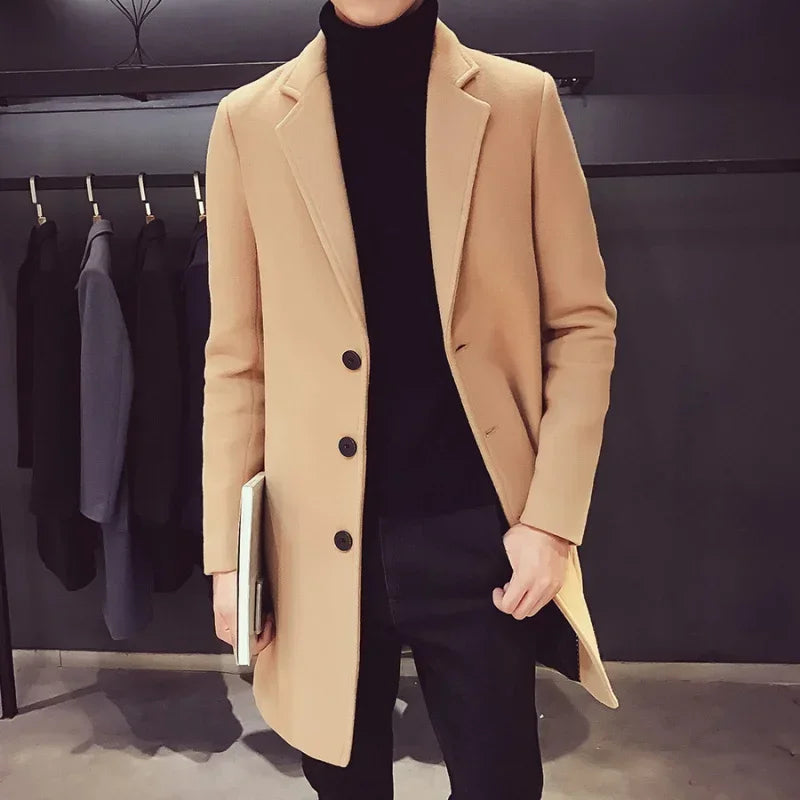 Men Long Cotton Coat  Autumn Winter New Wool Blend Pure Color Casual Business Fashion Slim Windbreaker Jacket Men Clothing