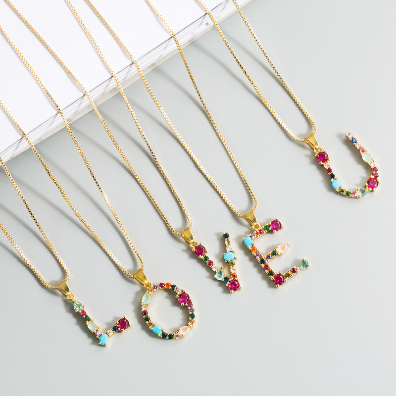 Female Colored Gemstone Necklace Gold-plated Copper With 26 English Letters Clavicle Chain